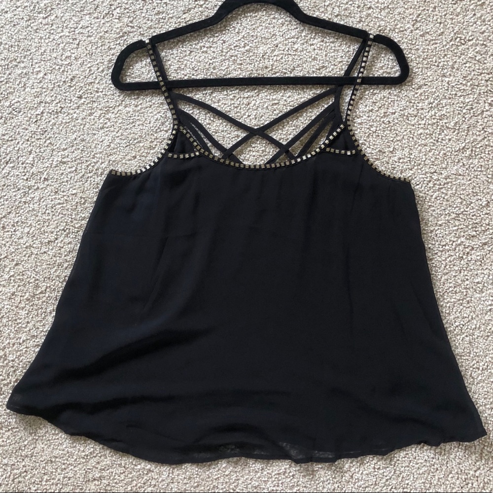 Forever 21 Black Chiffon Gold Beaded Strappy Cage Back Blouse L Boho Going Out